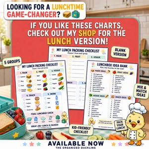 May include: A set of printable lunch packing checklists and an idea bank featuring colorful icons for food groups, a cartoon duckling chef, and text including "My Lunch Packing Checklist" and "Lunchbox Idea Bank" on a red background.