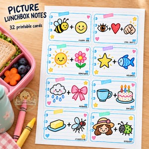 May include: A printable sheet of 32 lunchbox notes featuring colorful hand-drawn illustrations and text. Each card displays a rebus-style puzzle with icons like a bee, sun, cloud, and cupcake, accompanied by words such as Bee Happy and I Love You.