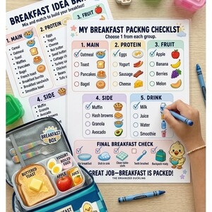 May include: A printed checklist titled MY BREAKFAST PACKNG CHECKLST with categories for main, protein, fruit, side, and drink, alongside a blue and teal lunch box containing a plastic container with toast, boiled eggs, an apple, and juice.