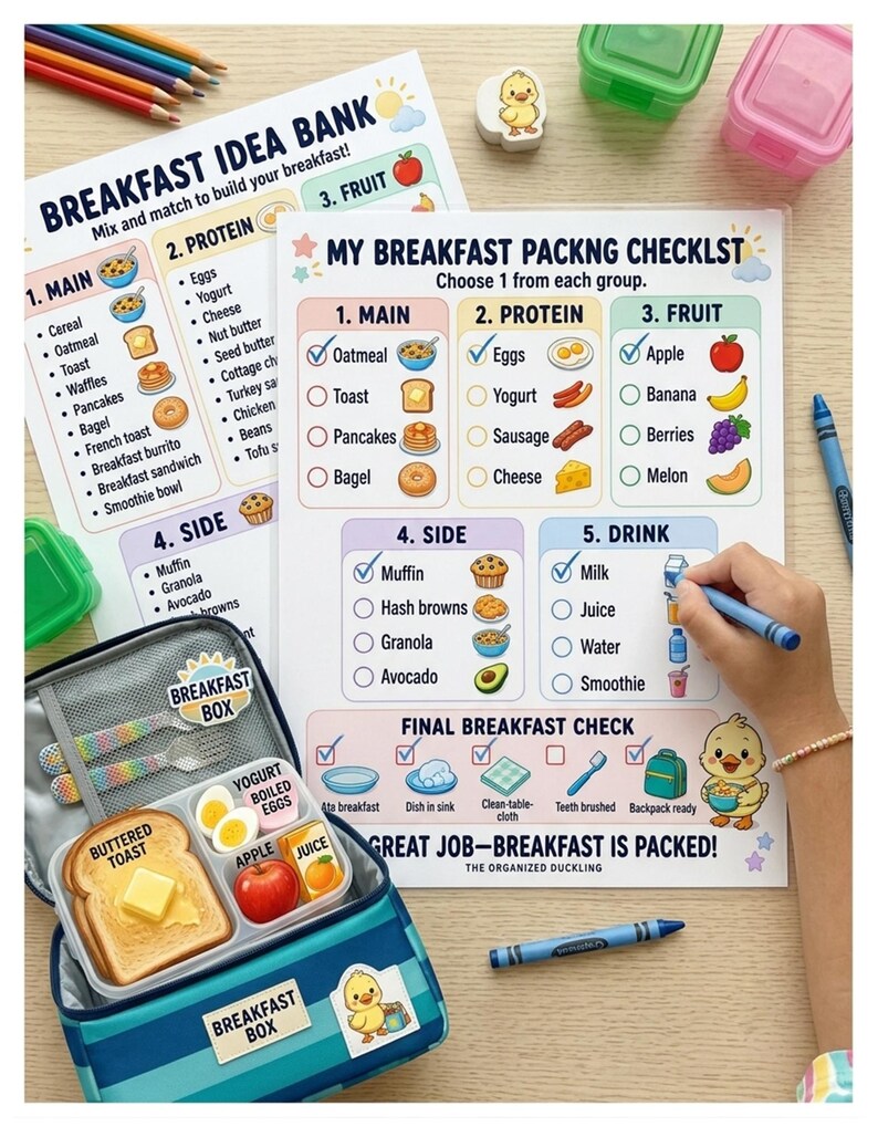 May include: A printed checklist titled MY BREAKFAST PACKNG CHECKLST with categories for main, protein, fruit, side, and drink, alongside a blue and teal lunch box containing a plastic container with toast, boiled eggs, an apple, and juice.