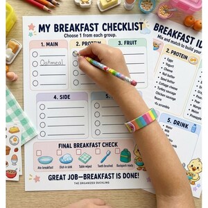 May include: A My Breakfast Checklist activity sheet with sections for main, protein, fruit, side, and drink choices. The paper features a cartoon duckling, checkboxes, and the text Great Job-Breakfast Is Done! The Organized Duckling.