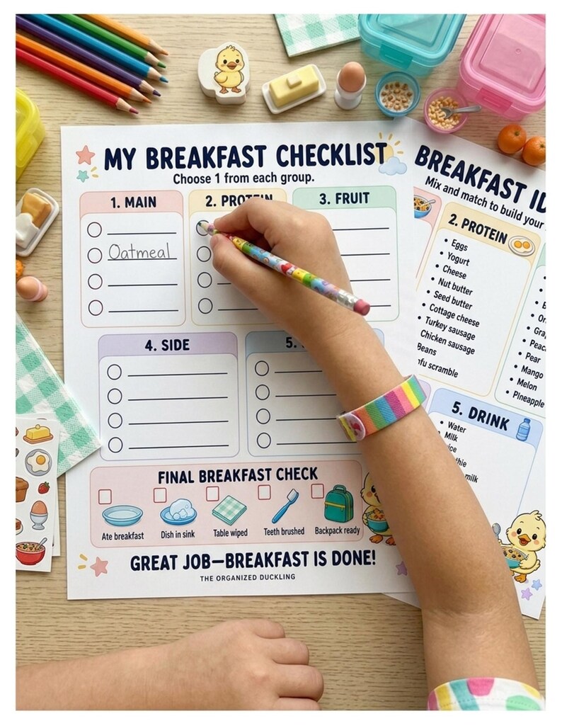 May include: A My Breakfast Checklist activity sheet with sections for main, protein, fruit, side, and drink choices. The paper features a cartoon duckling, checkboxes, and the text Great Job-Breakfast Is Done! The Organized Duckling.
