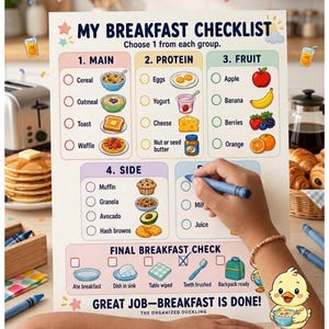 May include: A white paper breakfast checklist titled MY BREAKFAST CHECKLIST with sections for Main, Protein, Fruit, Side, and Drink. It features colorful illustrations of food items, checkboxes, and a final checklist section. A small yellow duckling graphic is at the bottom right.