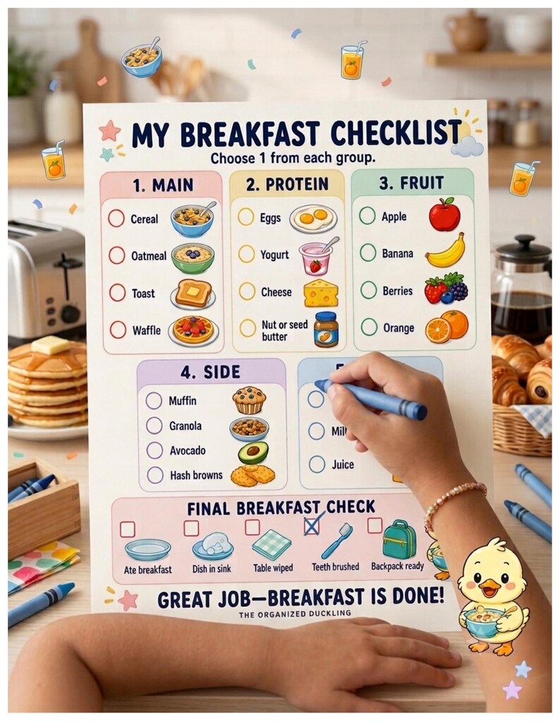 May include: A white paper breakfast checklist titled MY BREAKFAST CHECKLIST with sections for Main, Protein, Fruit, Side, and Drink. It features colorful illustrations of food items, checkboxes, and a final checklist section. A small yellow duckling graphic is at the bottom right.