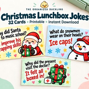 May include: A set of 32 printable Christmas lunchbox joke cards featuring colorful illustrations of Santa Claus, a snowman, and a gift box. Each card displays a holiday-themed joke with text in black and red, decorated with snowflakes, stars, and hearts.