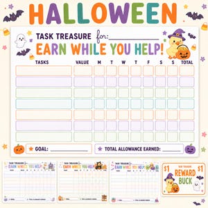 以下が含まれることがあります： ハロウィーンをテーマにした長方形のタスクチャートで、HALLOWEEN、TASK TREASURE for、EARN WHILE YOU HELPというテキストが記載されています。グリッドにはタスク、値、曜日、合計の列があり、幽霊、コウモリ、魔女の帽子をかぶったヒヨコのイラストが描かれています。