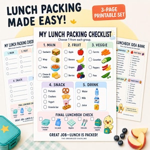 May include: A 3-page printable set titled LUNCH PACKING MADE EASY! featuring a My Lunch Packing Checklist with categories for main, fruit, veggie, snack, and drink items, accompanied by a Lunchbox Idea Bank and a final lunchbox check list.