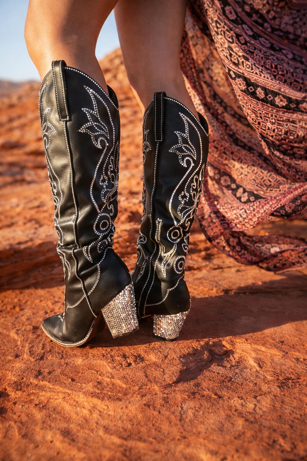 knee length dresses for ladies Glimmer Rhinestone Mesh Heel Boots