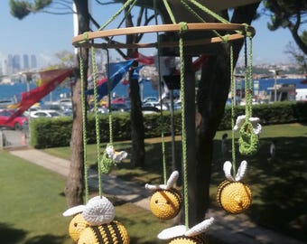 Handmade Crochet Bee Baby Mobile, Bumble Bee Nursery Decor, Gender Neutral Crib Decoration