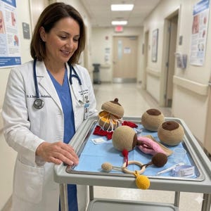 May include: A medical professional in a white coat and stethoscope stands next to a tray with several crocheted anatomical models, including breasts and a baby toy. The tray is covered with blue paper.