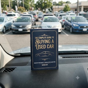 May include: A dark blue book titled The Complete Guide to Buying a Used Car, Edition 2024, featuring gold text and a line drawing of a sedan. The cover includes the subtitle Navigating Your Journey | Essential Steps & Expert Tips.