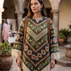 Poncho con capucha de lana de alpaca, chal con estampado geométrico artesanal peruano, poncho para festivales