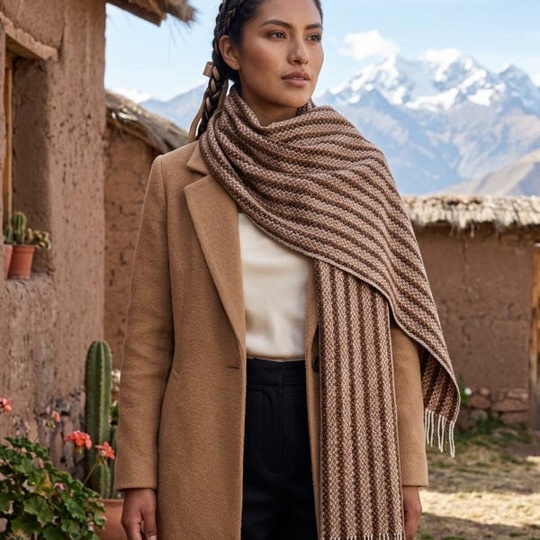 100% Baby Alpaca Scarf – Soft Geometric Winter Wool Wrap – Handmade Peru