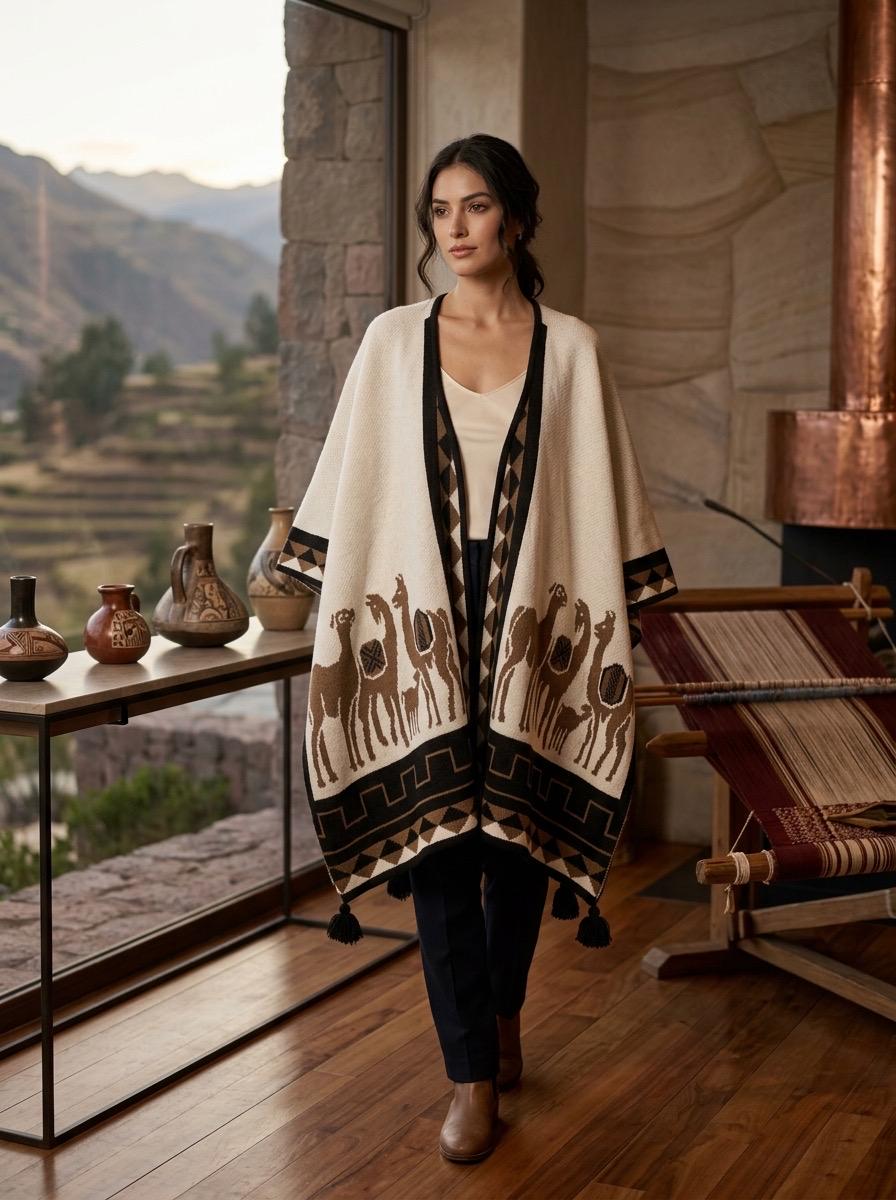 Alpaca Wool Blend Poncho Llama Print Shawl with Tassels, Handmade in Peru