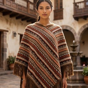 Poncho de mezcla de alpaca, capa de ruana peruana, chal de punto bohemio, estampado geométrico andino