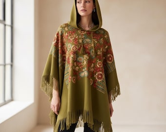 Alpaca Poncho Hoodie for Women, Handmade Peruvian Wool Poncho, Boho Embroidered Hoodie, Cozy Winter Wrap, Ethical Fashion Gift
