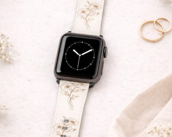 Minimalist Floral Line Art Watch Band | Leather Apple Watch Strap | Neutral Boho