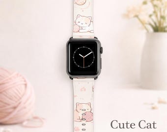 Söt katt Apple Watch-armband | Kawaii kattunge-klockarmband med garnbollar | Pastellrosa iWatch-armband | Gåva för kattälskare