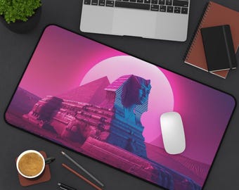 Synthwave Sphinx skrivbordsmatta | Retro egyptisk musmatta | Egyptisk Vaporwave-konst | 80-tals gaming setup | Perfekt present