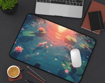 Japanese Koi & Lotus Desk Mat, Sunset Zen Pond Mousepad, Water Lily Gaming Mouse Pad, Aesthetic Nature Office Decor, XL Desk Pad Gift