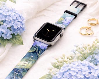 Blue Hydrangea Stained Glass Apple Watch Band | Vegan Faux Leather Botanical Print | Aesthetic Trendy Gift Idea Floral Watch Band