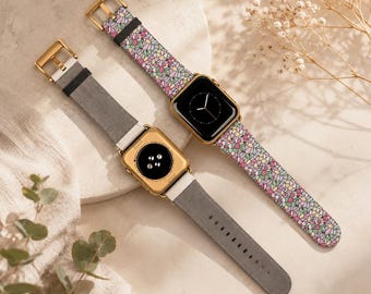 Cherry Blossom Stained Glass Apple Watch Band | Vegan Faux Leather Floral Strap | Aesthetic Botanical iWatch Band | Gift for Her 38-45mm