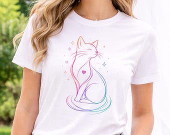 Abstrakt katt linjekonst T-shirt | Modern skiss djur T-shirt | Minimalistisk klottrande katt T-shirt | | Konstnärlig kattälskare perfekt present