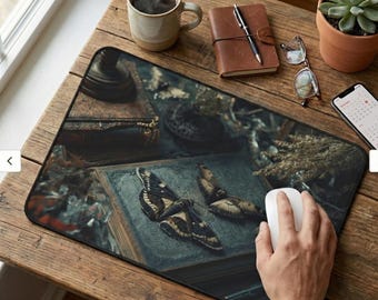 Vintage Moth Desk Mat, Dark Academia Mousepad, Mystical Bookish Office Decor, Gothic Gaming Pad, Witchy Aesthetic Gift, Old Books Art