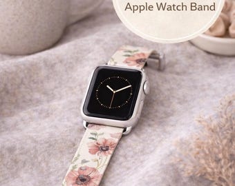 Blommigt Apple Watch-armband | Vintage Wildflower-läderarmband | Mjukt rosa botaniskt klockarmband | Present till henne | Serie 1-9, SE, Ultra
