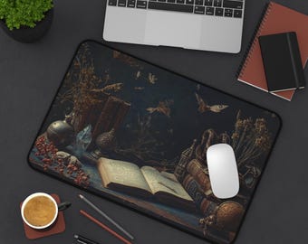 Dark Academia Desk Mat, Mystical Moth Mouse Pad, Vintage Books & Botanical XL Gaming Mat, Witchy Office Decor,Book Lover Gift,Goth Desk Pad