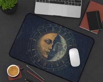 Celestial Sun and Moon Desk Mat, Vintage Alchemy Mousepad, Esoteric Gold & Navy Gaming Mat, Witchy Office Decor, Astrology Gift,  XL Pad