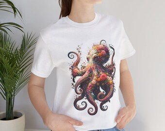 T-shirt med blommig bläckfisk | T-shirt med vintagegrafik för havsdjur | Gåva för dykare