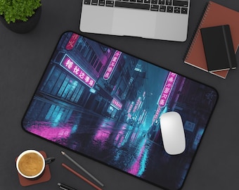 City Desk Mat, Neon Japanese Street Mousepad, Rainy Night Aesthetic, Vaporwave Gaming Pad, Blue & Pink Office Decor, XL Sci-Fi Mat