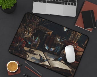 Dark Academia Desk Mat, Mystical Moth Mouse Pad, Vintage Books Gaming Mat, Witchy Office Decor, Botanical XL Mousepad, Book Lover Gift
