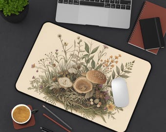 Vintage Mushroom Desk Mat, Cottagecore Mousepad, Botanical Wildflower Office Decor, Goblincore Fungi Gaming Pad, Nature Lover Gift