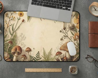 Vintage Wildflower & Mushroom Desk Mat, Cottagecore Meadow Mousepad, Botanical Forest Office Decor, Large Gaming Mouse Pad,Nature Lover Gift