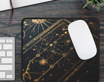 Celestial Mouse Pad, Gold Constellation Desk Mat, Witchy Office Decor, Zodiac Starry Night Gaming Pad, Mystical Black & Gold Art, Small 9x7