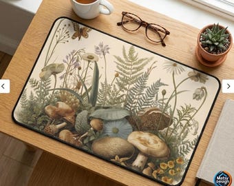 Cottagecore Desk Mat, Vintage Mushroom & Fern Mousepad, Botanical Wildflower Office Decor, Large Gaming Mouse Pad, Nature Lover Gift for Her