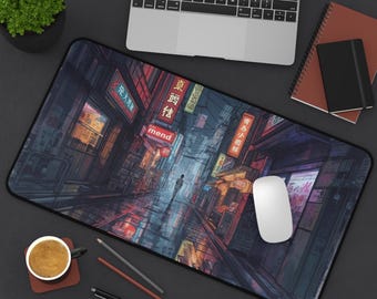 Cyberpunk Anime skrivbordsmatta | Neon City musmatta | Förlängd XL-musmatta | Perfekt present | Futuristisk skrivbordsmatta | Dekor för spelsetup