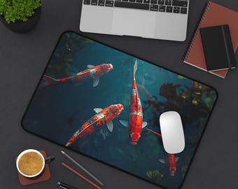 Koi Fish Mousepad, Japanese Art Desk Mat, Zen Garden Gaming Mouse Pad, Neoprene Office Decor, Nature Lover Gift, Non-Slip Laptop Mat