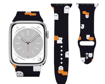 Halloween Apple Watch Band, Ghost Pumpkin Silicone Watch Strap, Spooky Fall iWatch Band, Cute Halloween Gift, 38mm–49mm