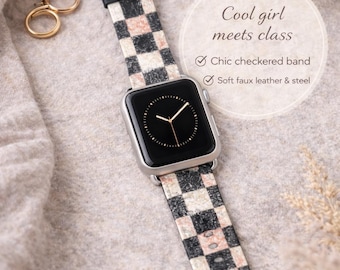 Schackrutigt marmorerat Apple Watch-band | Svart krämfärgat blush-band | Veganskt klockband i konstläder | Svart spänne | Minimalistisk neutral present