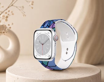 Blue Stained Glass Apple Watch Band | Silicone Sport Strap | Mosaic Floral iWatch Band | Boho Gift for Her 38-44mm
