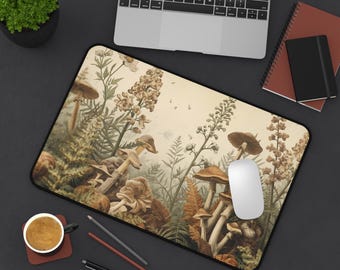 Vintage Mushroom Desk Mat, Dark Academia Fern Mousepad, Antique Botanical Office Decor, Large Gaming Mouse Pad, Cottagecore Forest Gift