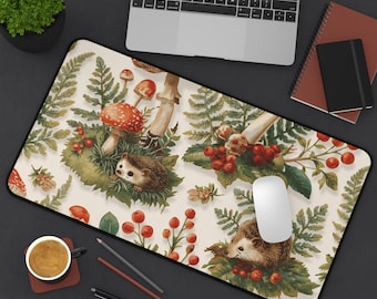 Cottagecore Hedgehog Desk Mat, Mushroom & Fern Mousepad, Vintage Woodland Animal Office Decor, Cute Forest Gaming Pad, XL Laptop Accessories