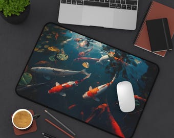 Japanese Koi Fish Desk Mat, Zen Pond Gaming Mouse Pad, Nature Aesthetic XL Mousepad, Neoprene Office Decor, Cottagecore Gift for Gamer