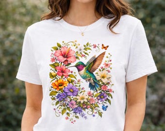 Blommig kolibri-t-shirt | Vintage botanisk fågeltröja | Färgglad trädgårdsgrafik-t-shirt | Gåva för naturälskare | Unisex mjuk bomullst-t-shirt