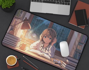 Lofi Anime skrivbordsmatta | Mysig studieflicka musmatta | Regnig dagsatmosfär | Stor skrivbordsmatta | Estetisk spelskrivbordsmatta | Söt rumsinredning