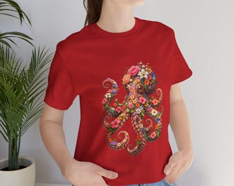 Bläckfiskskjorta Vintage blommönster | Blommig bläckfisk-T-shirt | T-shirt Dykare Havsdjursälskare Bläckfiskgåvor