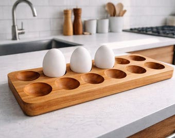 Solid ash wood egg holder – Handcrafted egg stand for 12 eggs – Natural kitchen storage
